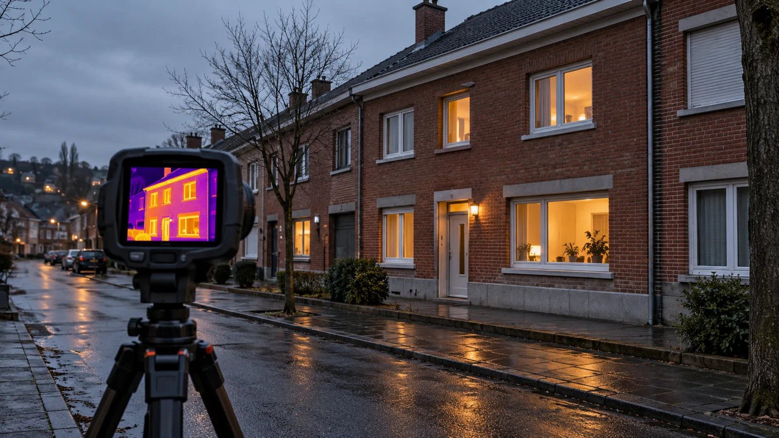 Caméra thermique sur trépied face à une façade en briques au crépuscule