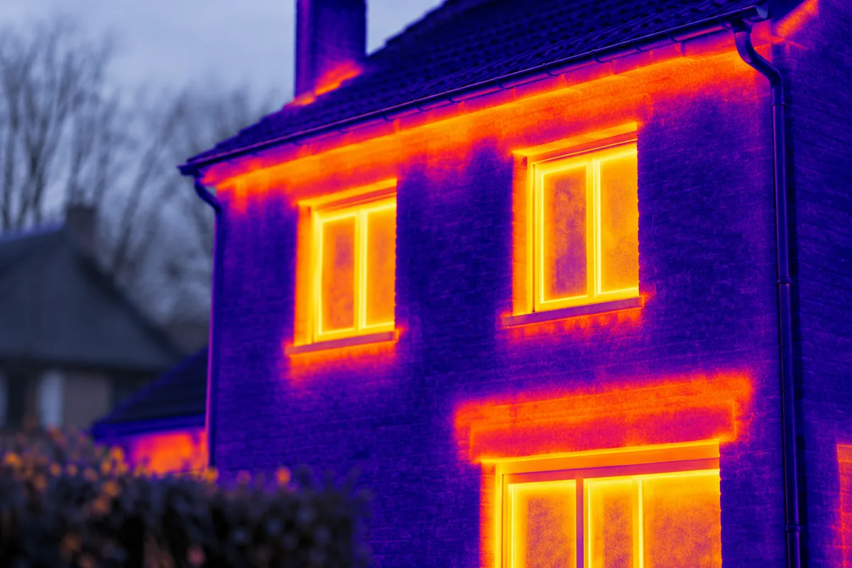 Image thermographique en fausses couleurs d'une façade avec pont thermique sous la toiture