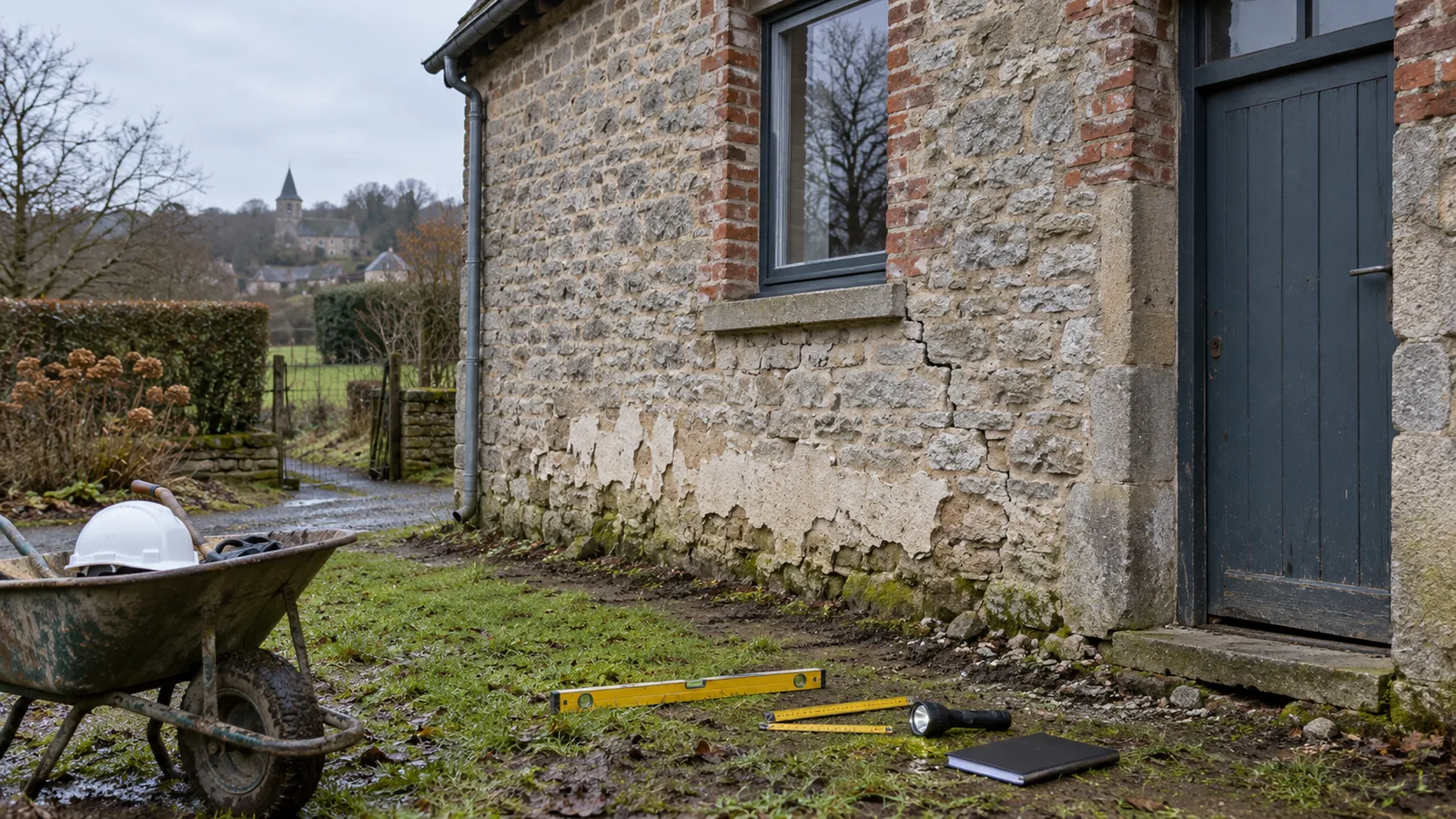Pignon de vieille maison en pierre avec fissure, niveau à bulle et casque au sol