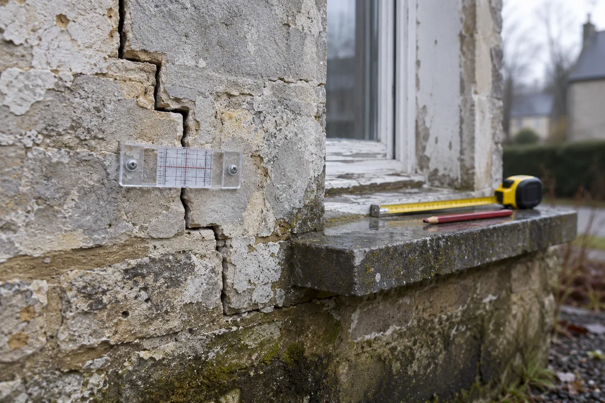 Jauge posée sur une fissure en escalier dans un mur de pierre calcaire