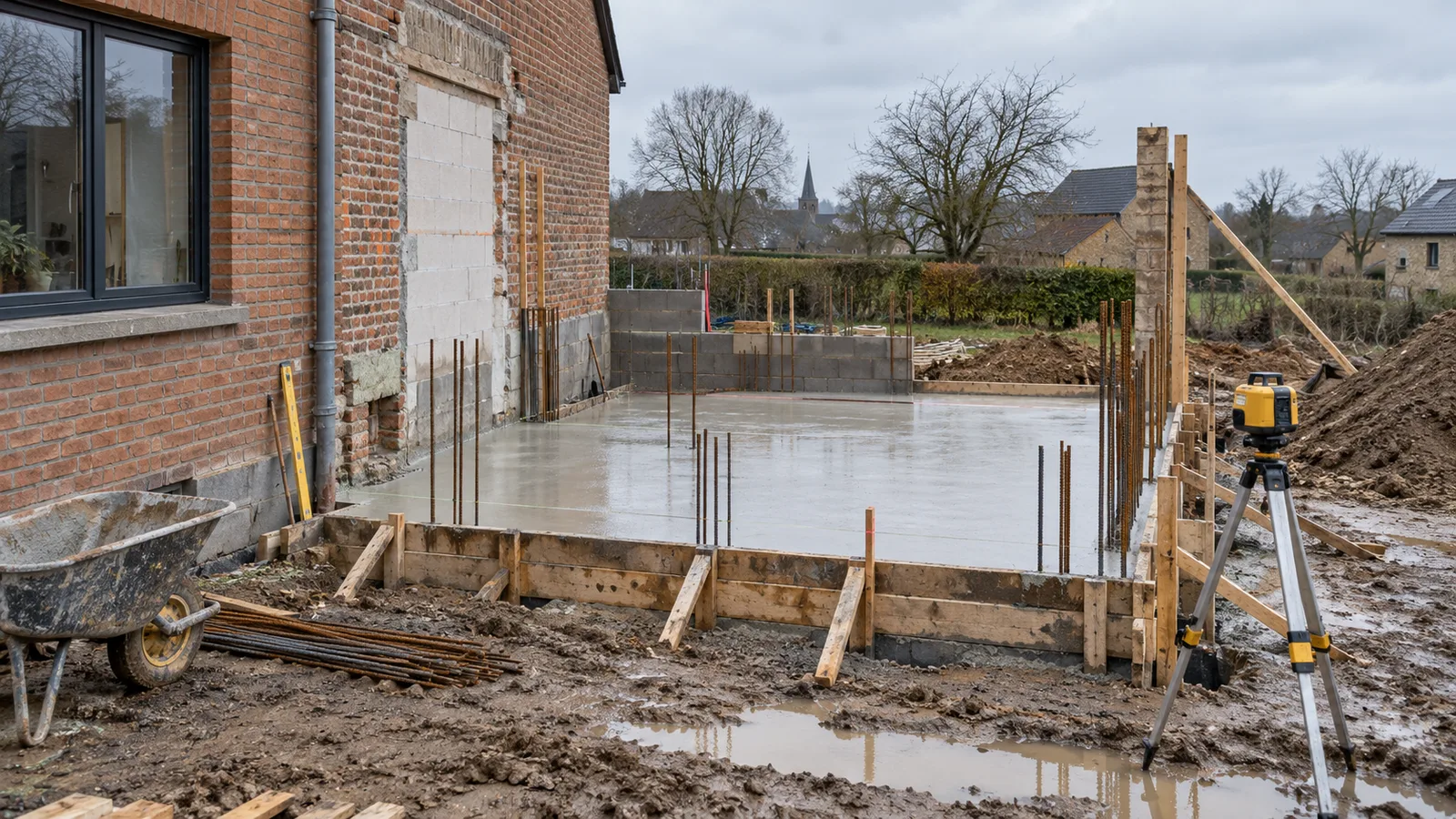 Dalle de fondation d'une extension contre le mur en brique d'une maison existante