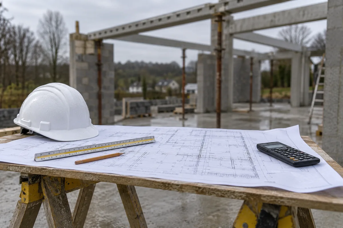 Plan de structure déroulé sur un chevalet de chantier, casque blanc et calculatrice