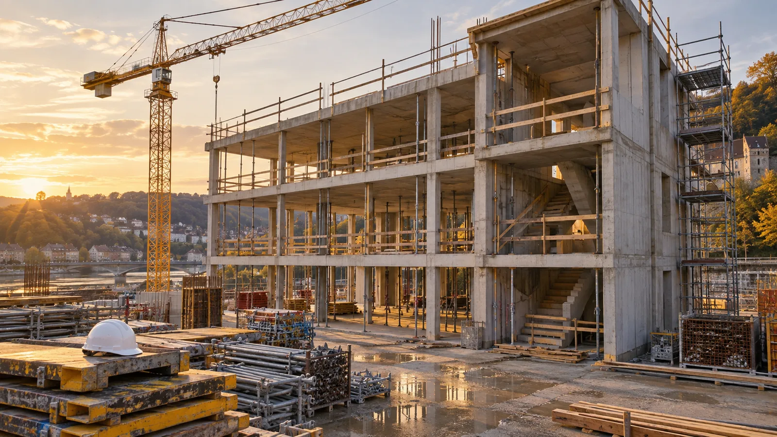 Structure en béton armé d'un immeuble à appartements en construction et grue à tour