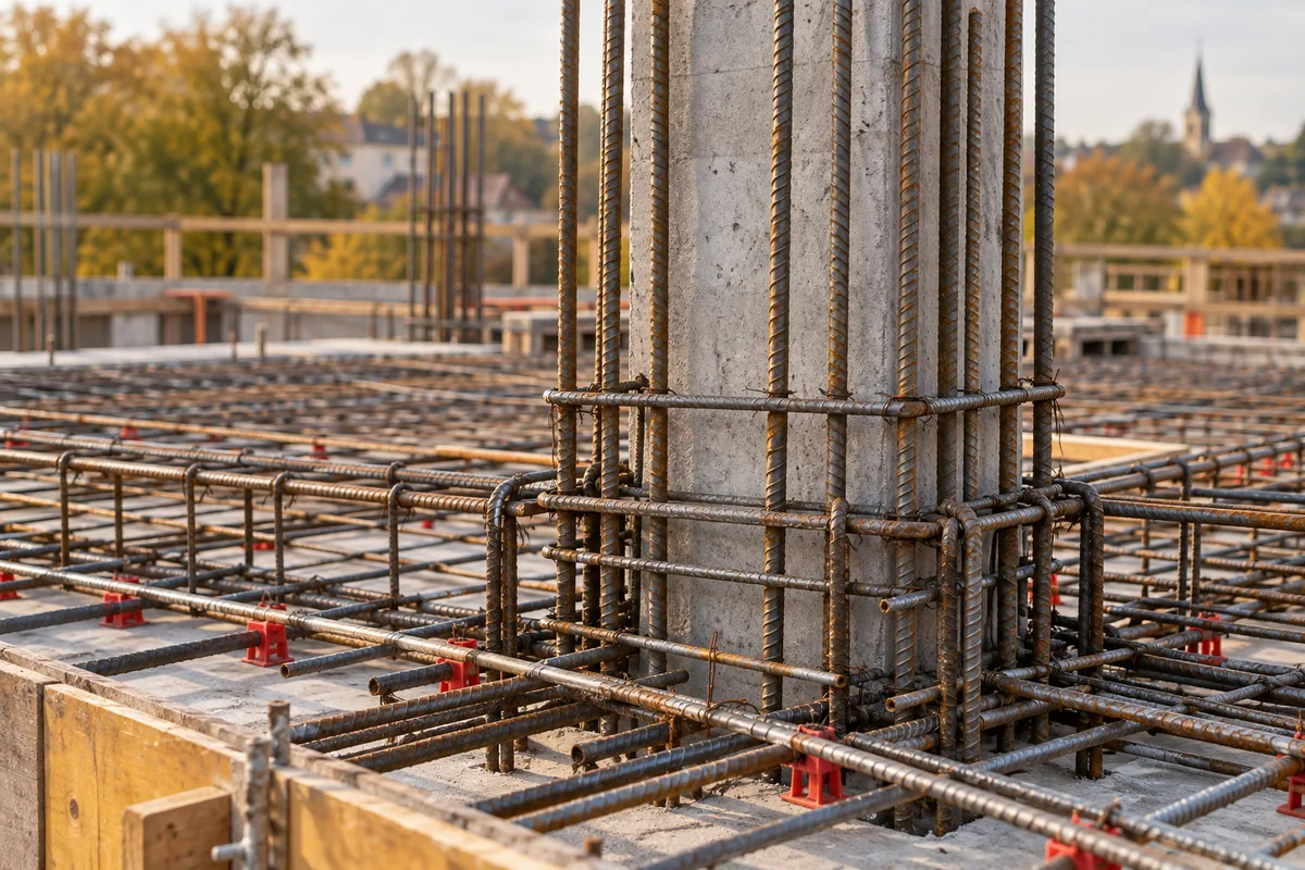 Armatures en acier au nœud poteau-dalle avant le coulage du béton