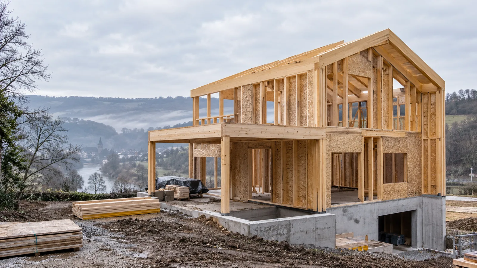 Ossature en bois d'une maison en construction sur collines boisées en hiver