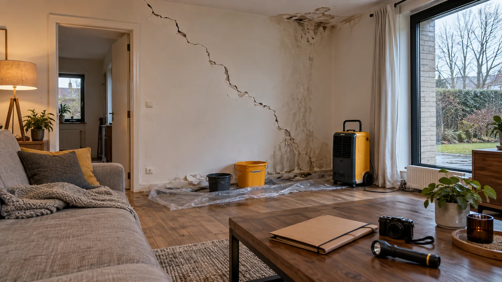 Salon sinistré avec fissure diagonale, auréole au plafond et déshumidificateur de chantier