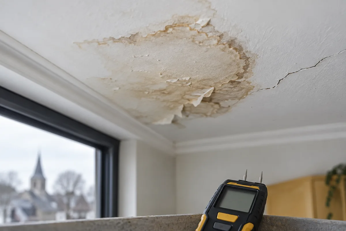 Auréole d'infiltration au plafond près d'une fissure, hygromètre posé sur un rebord
