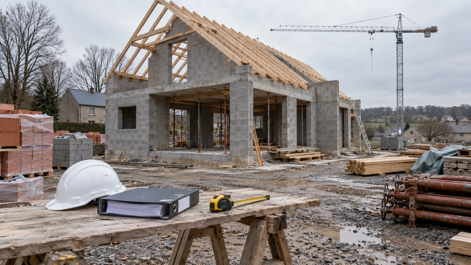 Chantier de gros œuvre avec murs en blocs et charpente apparente en hiver