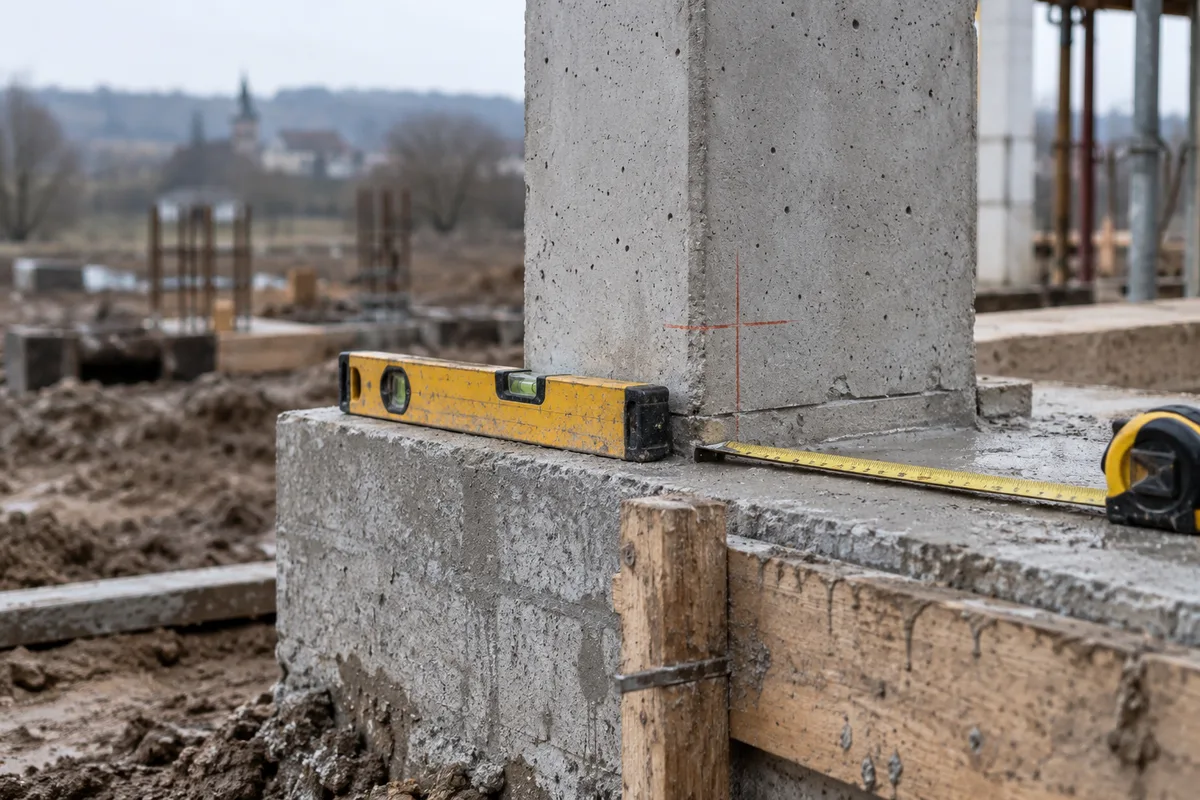 Point de contrôle de chantier : pied de poteau en béton, niveau à bulle et mètre