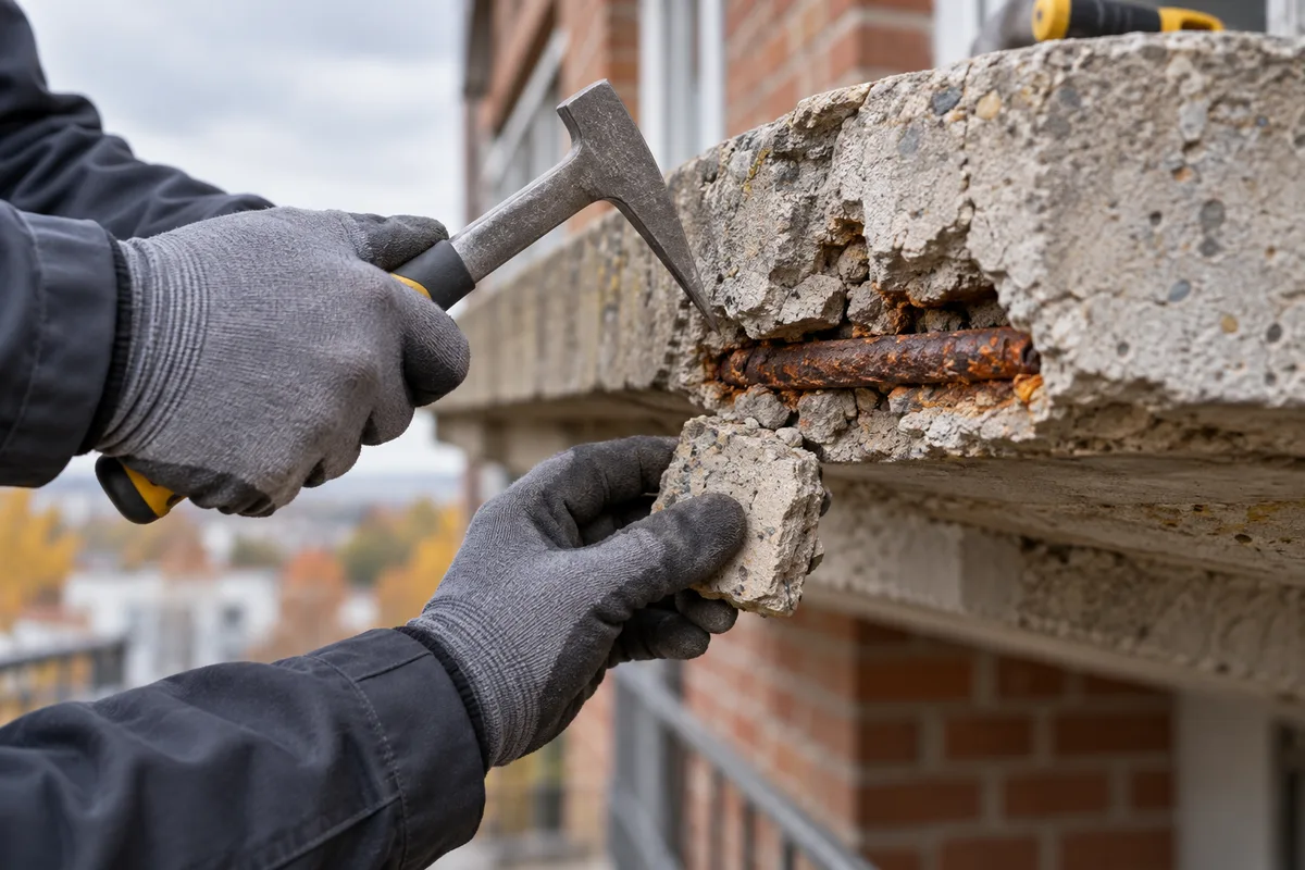 Mains sondant au marteau une armature rouillée d'un balcon béton