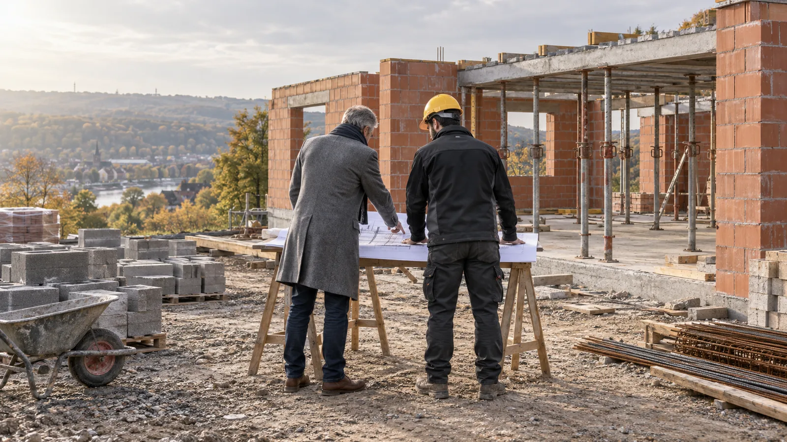 Architecte et ingénieur de dos étudiant un plan sur chantier