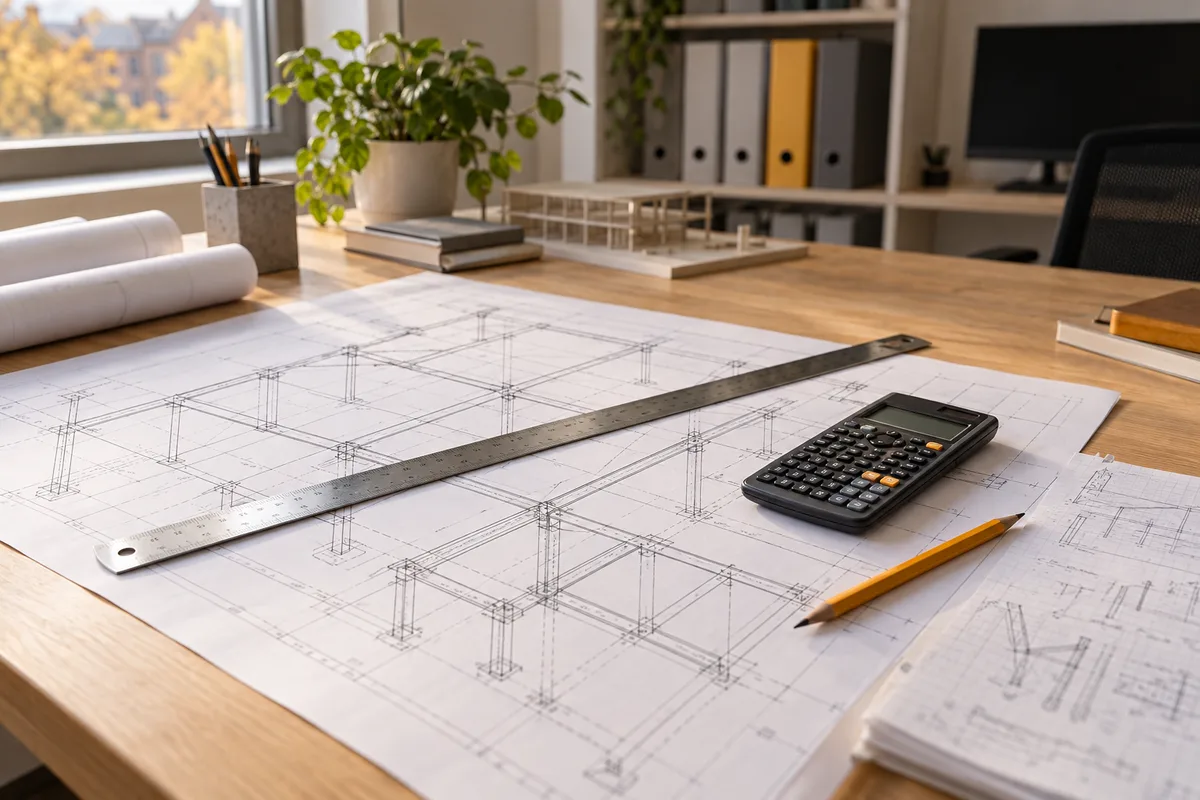 Plan de structure, règle métallique et calculatrice sur une table