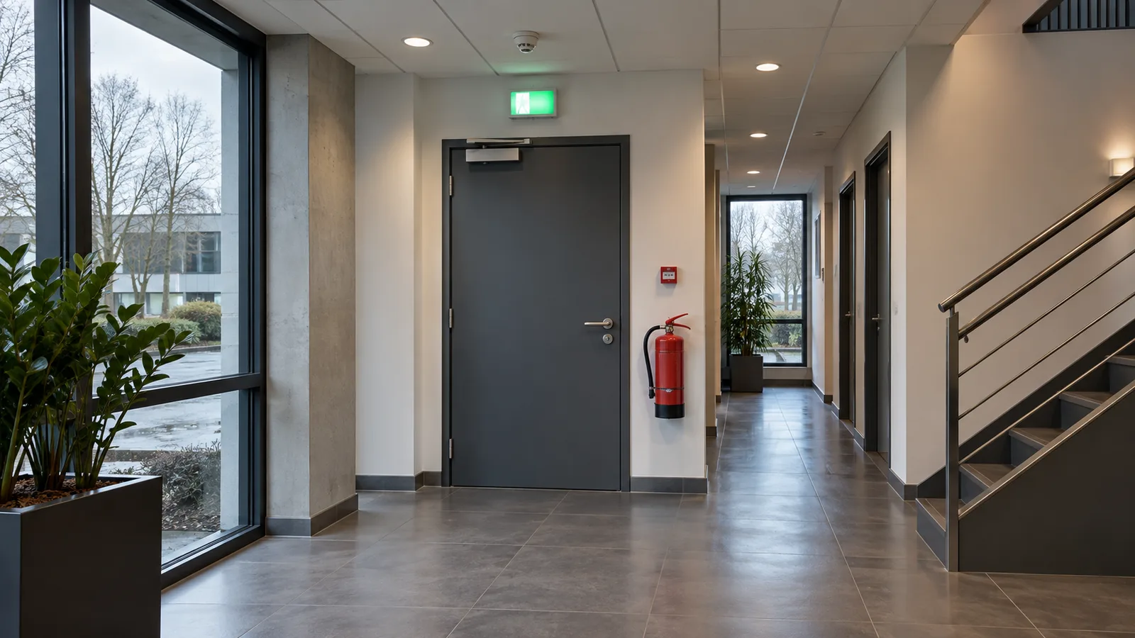 Couloir avec porte coupe-feu, extincteur rouge, détecteur de fumée et issue de secours