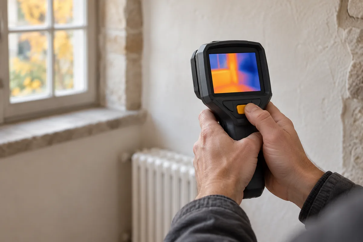 Mains tenant une caméra thermique devant un mur intérieur ancien